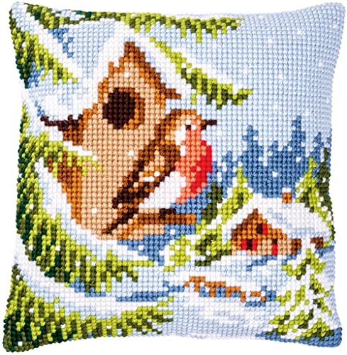 Vervaco Kreuzstich Stickpackungen Kissen Stickerei Set Anfänger Vorgedruckt Rotkehlchen im Winter DIY Set Kreativ Set Für Erwachseneca. 40 x 40 cm Bastelset Handwerker Haus Dekoration
