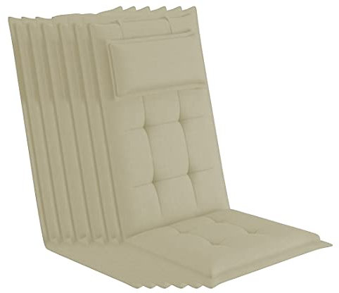 sunnypillow 6 Stück Gartenstuhlauflagen mit abnehmbarem Kopfpolster - 120 x 50 x 9cm - Stuhlauflagen Hochlehner, Auflage für Gartenmöbel - Sitzauflagen Outdoor, wasserdicht UV-Lichtecht - Cremefarben