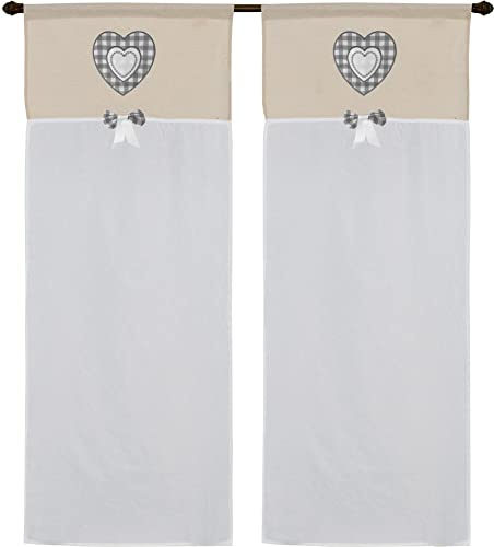 coppia di tendine a vetro da cucina a pannello con passante art MARYLAND tessutto effetto lino seta in poliestere per finestra e porta finestra in salotto cucina bagno mis 60x150cm cuore grigio