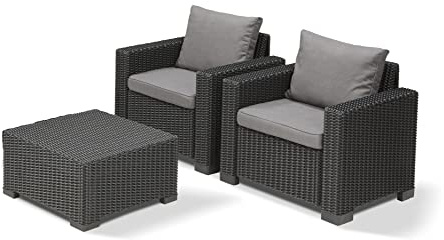 Allibert by Keter Gartenlounge Set California bestehend aus 2 Sesseln und 1 Beistelltisch, inkl. Sitz- und Rückenkissen, runde Rattanoptik
