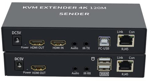 4K HDTV 120M KVM Extender HDMI-Compatible USB-A Keyboard Mouse 3.5mm AUX Aluminium Alloy Over CAT6 RJ45 Lan Ethernet Extender (120M)