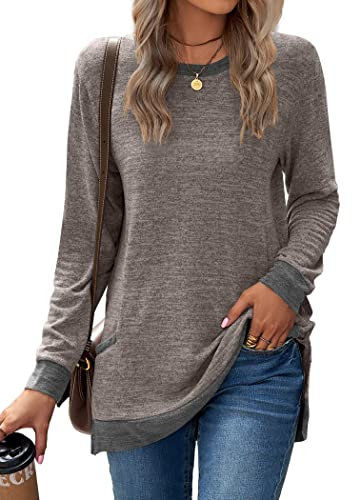 Famulily Women's Crewneck Jumper Sweatshirt Comfy Cotton Long Sleeve Tee Shirts Split Side Baggy Tops with Pockets Coffee L