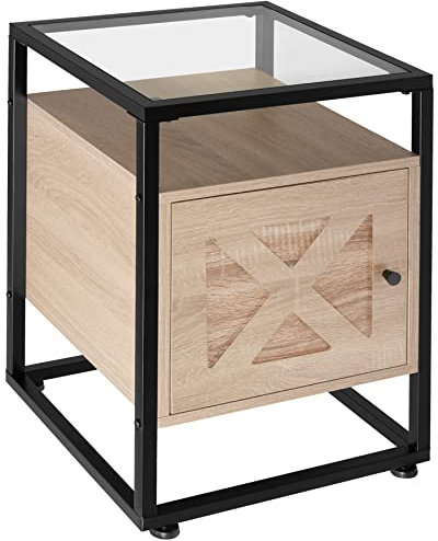 tectake Nachttisch mit Glasoberfläche, 40 x 43 x 60,5 cm, Beistelltisch im Industrie-Design, Holz Nachtschrank für Boxspringbetten, schwarzes Metallgestell (Industrial Holz hell, Eiche Sonoma)