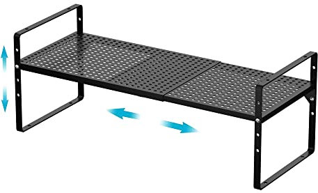 iPEGTOP Expandable Cabinet Storage Shelf Organizer Rack, Heavy Duty Steel Metal Spice Rack Adjustable Height Home Office Pantry Shelf Space for Counter Kitchen Organization, Black