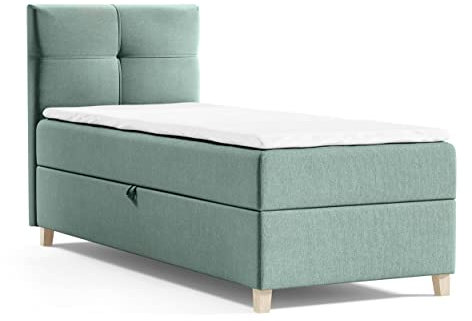 Boxspringbett Candy Mini mit Bettkasten und Topper - Jugendbett, Kinderbett, Einzelbett mit Bonell-Matratze und Topper, Bett mit Holzfüße (Grün (Soro 34), 100 x 200 cm)