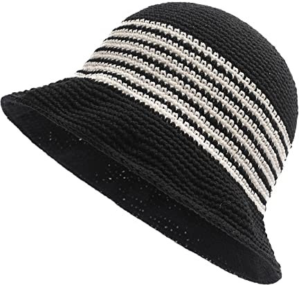 ZLYC Damen Winter Fischerhut Mode Strick Cloche Mütze Einfarbiger Warm Hut(Streifen, Schwarz)