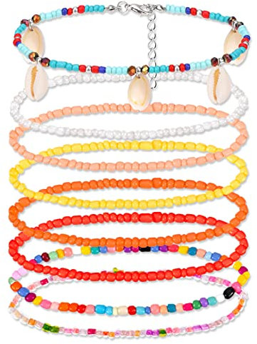 8 Pcs Bracelet de Cheville pour Femme, Réglable Bracelets de Cheville Boho Perles de Riz Chaîne Bijoux de Pied Dainty Layered Cheville Ensemble Cadeau Chaine De Cheville pour Femme Fille, Coquille