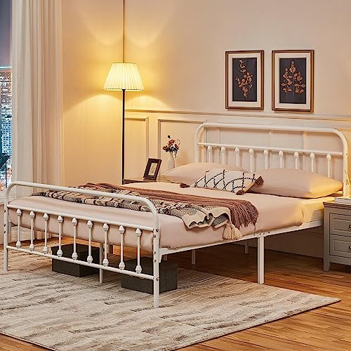 costoffs Metal Bed Frame 5ft King Vintage Iron Platform Bed with High Headboard and Footboard,White