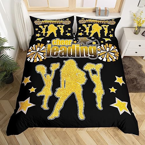 Manfei Cheerleader Team Gymnastik Bettbezug Set S Größe,Cheerleader Bettwäsche Set,Kinder Mädchen Frauen Zimmer Dekor,Gold Glitter Sterne Mode Tröster Abdeckung Schwarz Soft Quilt Cover,1 Kissenbezug