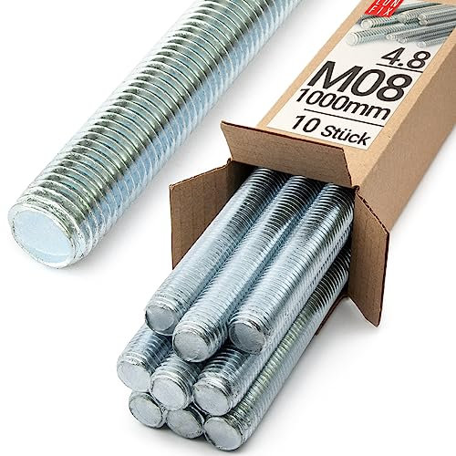 Lun Fix Gewindestange M8 x 1000 mm 10 Stück |4.8 Stahl DIN 976| Gewindestab | Gewindestift | stockschrauben M8 | metrisches Gewinde | Industrie Befestigung Langgewinde Montage Metall