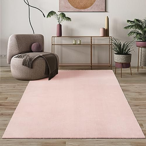 Mia's Teppiche Comfort Moderner Flauschiger Kurzflor Teppich, Anti-Rutsch Unterseite, Waschbar bis 30 Grad, Super Soft, Felloptik, Blush, 120 cm Rund