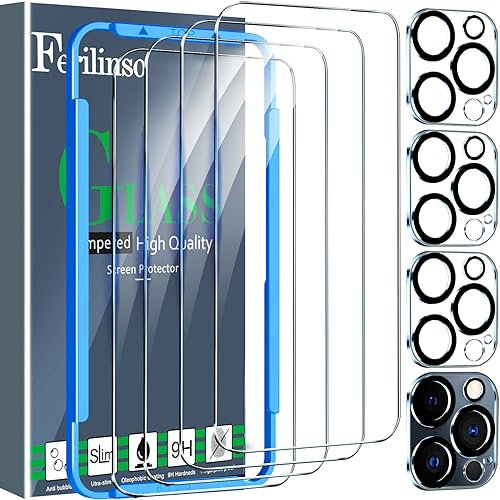 Ferilinso para Protector de Pantalla iPhone 15 Pro 4 Piezas HD Cristal Templado Accesorios 4 Piezas Protector de Lente de cámara Funda Amistoso Marco de montaje