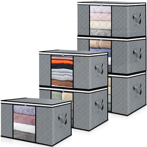 unycos - Cajas para Almacenaje de Ropa x 6【90L】 Bolsas Plegables con Ventana Transparente, Doble Cremallera y Asas Reforzadas, Organizador de Toallas, Edredones, Juguetes | Hasta 13 kg (Grey/Black)