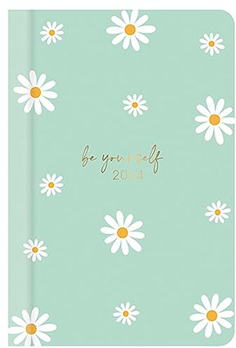 Taschenkalender 2024, Hardcover, Wochenansicht, stylisches grünes Gänseblümchen-Design Be Yourself