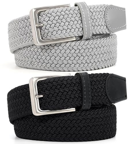 JasGood 2 Stück Geflochtener Elastischer Gürtel für Damen Herren, Unisex Stoffgürtel Stretchgürtel Dehnbarer Gürtel für Jeans Hosen,Schwarz+Grau,130cm
