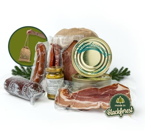 Schwarzwald Metzgerei - Geschenkkorb 9-teilig im Leinentäschle – Präsentkorb mit traditionellen Wurstspezialitäten wie zB. Schwarzwälder Schinken, Bauchspeck, Kirschwassersalami, Leberwurst, Landjäger
