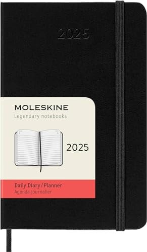 Moleskine Daily Planner, 12 Monate Tagesplaner 2025, Fester Einband und Elastischer Verschluss, Farbe Schwarz, TaschenFormat 9x14 cm