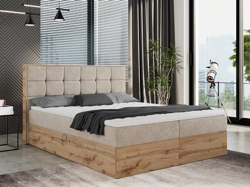 MKS MEBLE Boxspringbett 140x200 mit Bettkasten Holz Holzrahmen, Boxbett 140x200 mit Matratze H3 und Kopfteil - Beige Struktur - Albero-1
