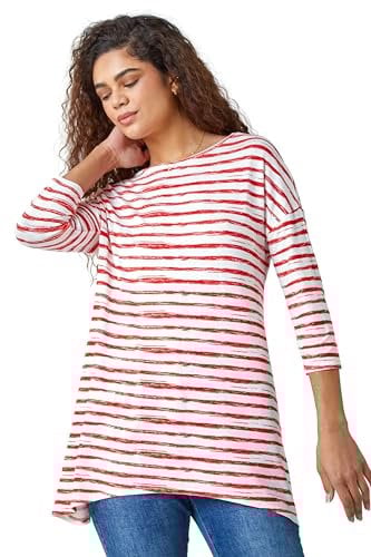 Roman Originals Swing Top with Pockets for Women UK Ladies Hanky Hem Asymmetric Tunic Blouse Longline Long Stretch Jersey Casual Round NeckTee Shirt T-Shirt - Orange & Ivory - Size 12