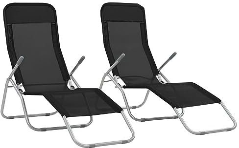 Gecheer Chaises Longues Pliables 2 pièce Textilène Noir, Bain de Soleil inclinable de Jardin Exterieur, Transat de Plage Relax Transat pour Camping Balcon Piscine