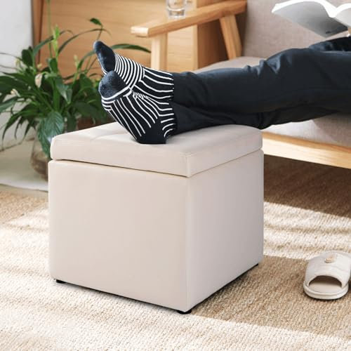 Multigot Storage Ottoman, Linen Fabric/Faux Leather Foot Stool with Hinge and Padded Seat, 40x40x40CM Cube Bench for Living Room, Bedroom and Office, 150Kg Capacity (Faux Leather, Creamy White)