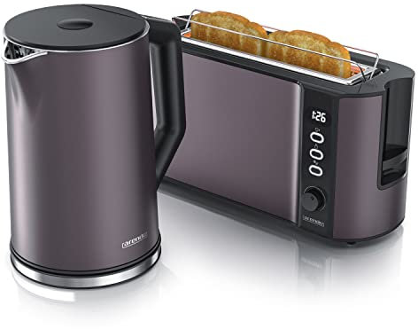 arendo Ensembles Bouilloire et Grille-Pain en Set Bouilloire en INOX 1,5L 40°-100°C, Grille-Pain 2 Tranches Ecran LED 6 Niveaux de brunissage Support viennoiserie Grille Pain, Gris rosé