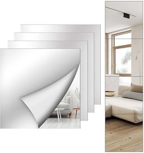 Shiftshade Mirror Wall Full Length,12X12 Inch Unbreakable Mirror Tiles for Bedroom Home Gym Door, Acrylic Squares Mirror Full Body Shatterproof Mirror Stickers for Walls,Mirror Sheets (4pcs)