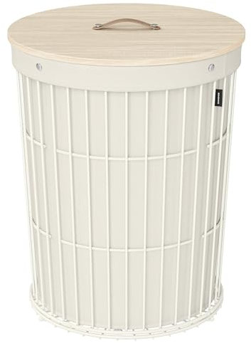 SONGMICS Wäschekorb mit Deckel, Wäschesammler rund, 95 L, vielseitig, herausnehmbarer Wäschesack, große Kapazität, für Waschküche, Schlafzimmer, Wohnzimmer, cremeweiß LCB160W01