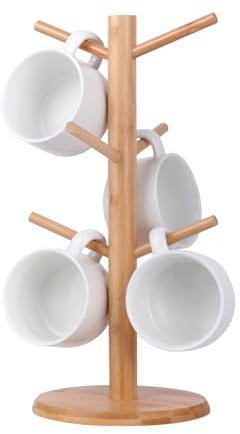 FOSFUKEER Portavasos de café, portavasos de bambú negro con base engrosada, portavasos de café, portavasos para mostrador, portavasos de café, caja de almacenamiento con 6 ganchos (bambú)
