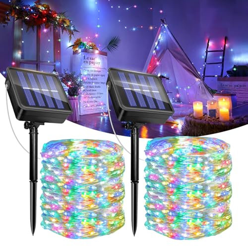 2 Pack Guirnaldas Luces Exterior Solar, 12M 120 LED Luces Solares Jardín, 8 Modos, IP65 Impermeables, Cadena de Luce Decoracion para Terraza, Fiestas, Bodas, Patio, Árbol, Jardines(Multicolor)
