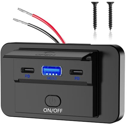 Chargeur de camping-car avec ports USB A et USB C, prise de charge 12 V, 90 W, QC3.0 et PD3.0, interrupteur marche/arrêt