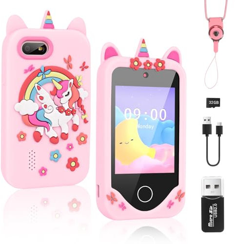 Weinsamkeit Smartphone per Bambini, Fotocamera per Bambini con 32GB Card, Giocattoli per Bambine 3-4 Anni, Gioco di Ruolo Telefono Cellulare Unicorno Giocattolo Regalo per Bambini 3-9 Anni Ragazze