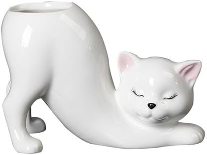 Marooma Ceramic Tailless Cat Succulent Pot, Cute Kitty Succulent Flower Pot Novelty Cat Planter Funny Cat Flower Pot for Indoor Plants Succulents Flowers Planter (A)