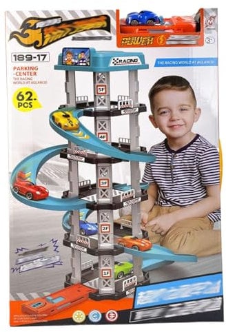 NASSMOSSE Car Garage Toy Set 5 Layer Toy Car Garage with Heliport Easy Assembly Toy Car Ramp with Launcher Curve Turn Interactive Developmental Toy Car Track Gifts for Boys