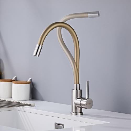 SUVIDA Küchenarmatur Flexibel, Hochdruck Wasserhahn Küche 360° Schwenkbar, Armatur Küche Gold mit Wasserspar Aerator, Mischbatterie Küche Edelstahl, Spültischarmatur Goldene