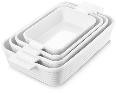 Jassceram Ceramic Casserole Dish Set of 4 Deep Rectangular Lasagna Pan Baking Dishes with Handles Large Porcelain Oven Safe Bakeware for Cooking Brownie Banquet Mac&Cheese(9.6/11.5/13.1/15.2)