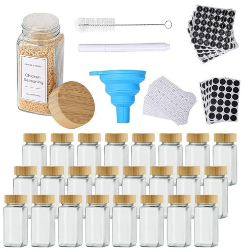 24 Spice Jars with Labels And Bamboo Lids, 120ml Glass Spice Containers with Shaker Lids Seasoning Jars Bottles with 180 Labels for Spice Rack Cabinet Drawer, 1 Pen, 1 Hose Brush, 1 Silicone Funnels