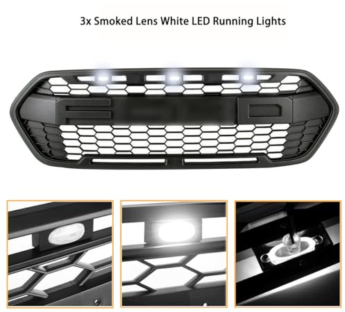 Honeycomb Style Front Grill for Ford Transit Custom 2018-2023, Matte Black Mesh Grille with 3 LED Lights & Letter