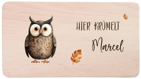 minimutz Brotzeitbrett Kinder mit buntem Aufdruck, Personalisiert mit Name, Frühstücksbrettchen Holz Bunte Tiere, Holzbrett Buche 22 x 12 x 1 cm Waldtier Eule