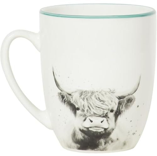 New Set of 4 Highland Cow Mugs – White Porcelain Coffee & Tea Cups with Angus Cow Design – Teal Rim – Dishwasher & Microwave Safe N-34