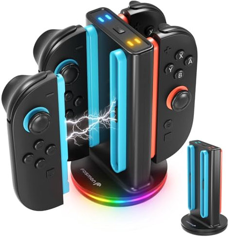 Fosmon Station de Charge pour Manettes Nintendo Switch 2 Joy-Con - Charge Rapide 4-en-1 avec Éclairage RGB (9 Modes) et Indicateur LED - Chargeur Manette Switch 2 -