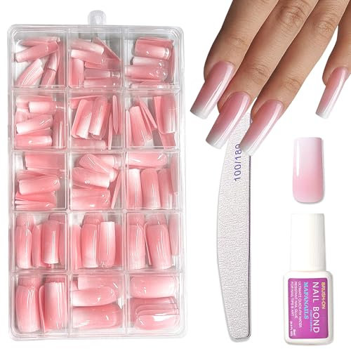 150pcs Ombre False Nails Long - Square Press on Nails - Light Pink Fake nails with Glue - Coffin Stick on Nails for Women - 15 Sizes Full Cover Nail Tips for DIY French Manicure Long Lasting
