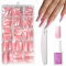 150pcs Ombre False Nails Long - Square Press on Nails - Light Pink Fake nails with Glue - Coffin Stick on Nails for Women - 15 Sizes Full Cover Nail Tips for DIY French Manicure Long Lasting