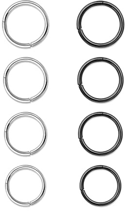 8 Pieces 316L Stainless Steel Piercing, Nose Rings Hoop Ears, Universal Body Piercing Jewellery for Daith, Tragus, Conch, Rook, Helix, Ear, Nose and Lip Rings, 6 mm, 8 mm, 10 mm, 12 mm, Black Silver
