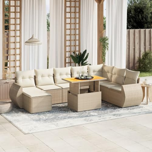 QJBSAVVA 9-teiliges Poly-Rattan Gartenmöbel-Set Beige Höhenverstellbarer Gartentisch 100x55cm modulare Lounge für Balkon Terrasse und kleine Gärten mit waschbaren Kissen