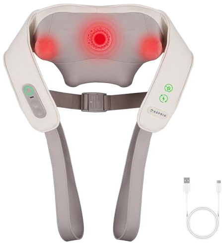 Aspria Nackenmassagegerät mit Wärme Kabellos, Shiatsu Massagegerät für Nacken Schulter Rücken, 5D Rollen mit 3 Modi, Freie Hände, Typ-C Tragbares Massagegerät zur Entspannung für Büro Zuhause