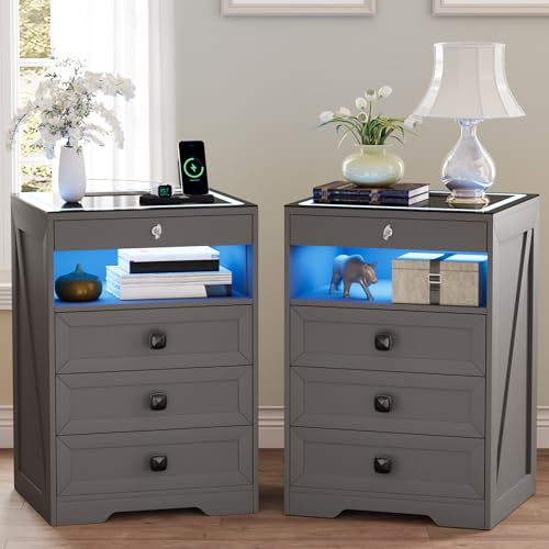 Lvifur Set of 2 Bedside Table - with Lockable Hidden Drawer,Farmhouse Smart Nightstand with Charging Station and 3 LED Lights,Night Stand with 3 Drawers,Glass Top End Side Table for Bedroom（Gray）