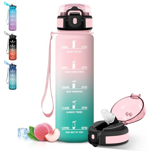 Grsta Gourde 1l, Anti Fuite Gourde Sport, avec Marqueur de Temps, Bouteille Motivationnelle avec Paille, Verrou de Sécurité, Gourdes pour Cyclisme, Plein Air, Yoga
