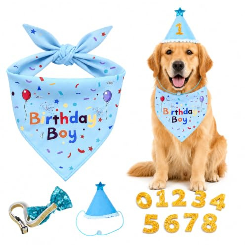 1 set hundfödelsedagsdekorationer, hundfödelsedagshatt/bandana | hundhalsduk och partyhatt,hundfödelsedagsdekoration, födelsedagshatt/halsduk, slips/födelsedagshatt/tillbehör (blå)