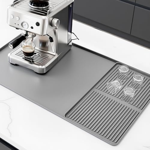 Adiwo Large Silicone Coffee Mat, 60x40cm Silicone Mat Under Coffee Machines with Raised Edges Stackable 20x39cm, Heat Resistant, Non Slip, Multi Functional for Kitchen Counter, Dish Drying, Grey